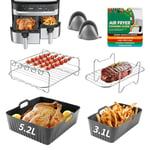 Air Fryer Accessories with Magnetic Cookbook for Tefal Easy Fry 5.2L/3.1L, for Tower T17099, for Salter EK5729, for Huddle 5L/3.5L - Different Size Dual Drawer Air Fryer Silicone Liners - Grey