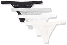 Amazon Essentials String en Coton et Dentelle Femme, Lot de 4, Noir/Rose/Gris Jaspé Clair, 42