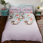 SLOTH DOUBLE DUVET COVER AND PILLOWCASE SET LILAC BEDDING NEW