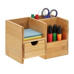 Relaxdays Organiseur de Bureau, tiroir et Surface, 2 Compartiments, Bambou, Porte-Crayons, HLP : 14x20,5x13 cm, Nature