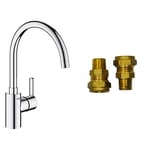 GROHE Feel & UK Adaptors – Kitchen Mixer Tap (Monobloc Installation, 1 Leaver, High C-Spout, Selectable Swivel Range 0° / 150°, 35 mm Ceramic Cartridge, Tails 3/8 Inch), Size 354 mm, Chrome, 32670002