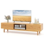 COSTWAY Meuble TV en Bambou, Meuble Télé 3 Compartiments, 2 Portes Coulissantes, Table TV Bohême pour TV 70" au Max, 160 x 40 x 38 cm