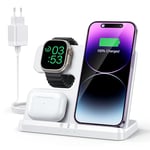 JARGOU Chargeur Induction 3 en 1 pour iPhone 15 14 13 12 11 Pro Max/XR/8/Samsung, Station de Charge pour Apple Watch 9/Ultra 2/SE/8/7/6/5/4, Base Chargeur pour AirPods Pro/3/2 (Blanc)