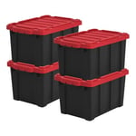 Iris Ohyama, Caisse Rangement avec Couvercle Robuste, 21L, Lot de 4, Rouge, Compact, Durable, Empilable, pour Garage, Etagères, Déménagement, Plastique, Boite a Outils, Bac de Rangement, DDSKT-210