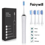 Fairywill Sonic Electric Toothbrush USB Tongue Cleaner Timer 5 Mode 4 Brush Head