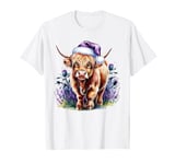 Christmas Women 2024 Graphic Highland Cow Purple Thistles T-Shirt