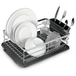 Kitchen Dish Drainer Rack with Drip Tray with Cutlery Holder Black and Silver