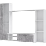 Meuble TV paroi murale - Blanc mat et béton clair - porte vitrée + 5 niches - Contemporain -  L 220,4 x P41,3 x H177,5 cm - PILVI