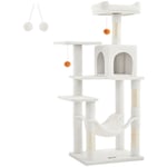 Feandrea Arbre à Chat Hauteur 143 cm, Tour de Jeux pour Chats, avec 4 Poteaux à Griffer, 2 Plateformes, 1 Niche, 1 Hamac, 2 Pompons, en Tissu