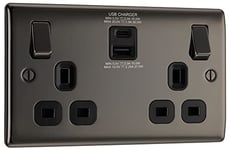 BG Electrical Double Switched Power Socket with Type A and C USB Charging Ports, 13 Amp, Black Nickel