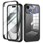 seacosmo Coque iPhone 15 6,1 Pouces, Antichoc Housse avec Verre Trempé Protection écran +[9H Dureté Caméra Arrière Protecteur] Intégrale Mince 360°Protection Bumper Robuste Transparente - Noir