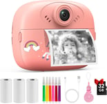 Appareil Photo Instantané Enfant, 32GB Carte & Papier d'impression Stylos Colorés Caméra Instantanée 1080p pour Enfants Jouet Portable pour Filles et Garçons de 2 à 12 Ans Cadeau de Noël.[G2484]