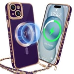 HZLFCZL Coque pour iPhone 15 avec La chaîne Coque,Compatible avec MagSafe,Protection de lentille de caméra,Luxe en Forme de cœur avec Chaine Soft TPU Phone Case for iPhone 15-Violet Foncé