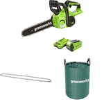 Greenworks 40V 30cm Tronçonneuse Avec Batterie 40V 2Ah et Chargeur-G40CS30IIK2 + Greenworks chaîne de 30 cm + Sac à déchets de jardin Greenworks 120 L