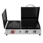 Royal Gourmet 3 Brûleurs Barbecue Gaz Portable, 3 en 1 Plancha et Grille en Émaillés Combinés avec Couvercle Multifonctionnel, Puissance 8.5kW Propane, Adapté pour le Camping et l' Extérieur, Noir