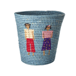 Rice - Raffia Round Basket with People and 3D Details - Blue