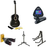 Martin Smith W-100-BK-PK Acoustic Guitar Kit with Guitar Strings + Guitar Tuner Clip + Aframe Guitar Stand + Universal vertical Guitar Stand + Universal Guitar Hanger + TwinPack Guitar Hanger