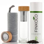 Finkolo Bouteille Isotherme à Infusion en Verre - Thermos Infuseur à Thé, Café - Gourde à Jus de Fruit - Borosilicate Double Paroi avec Filtre en Acier Inox, Couvercle en Bambou, Housse - 420 ml