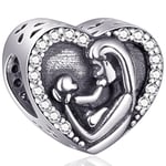 Mum and Baby Charms fit Pandora My First Mothers Day Bracelet, 925 Sterling Silver Mother Child Heart Birthday Beads with CZ, Gift for Daughter/Son/Best Mom/Boy/Girl