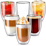 TKNO Set of 6 Double Walled Coffee Glasses Mugs Cups, for Coffee Tea Milk Juice Ice Cream Dessert, Borosilicate Heat Resistant Handle-less Glass Cups, Microwave Safe, Ideal for Hot & Cold Drinks 350ml