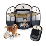 Mobiclinic® Pets Portable Pet Playpen, Foldable, 114 x114 x 58 cm, Octagonal, Scooby, 2 Entrances, 8 Windows, Soft Puppy Pen, Indoor and Outdoor Use, Breathable Mesh Fabric 600D, Easy Assembly, Grey