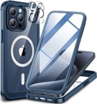 CENHUFO Magnétique Coque iPhone 15 Pro Max, Compatible avec MagSafe intégré Verre Trempé Protection écran et Protecteur Caméra, 360° Antichoc Téléphone Housse Double Face Case Intégrale Etui -Bleu