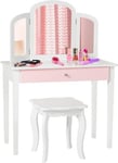 Coiffeuse pour Enfant avec Miroir Pliant Inclus de Table de Maquillage et Tabouret 1 Grand Tiroir Accessoire de Maquillage