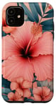 Coque pour iPhone 11 Fleurs d'hibiscus esthétiques - Pétales de corail et feuilles bleu sarcelle