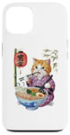 Coque pour iPhone 13 Chat animé mignon en kimono mangeant des ramen Anime drôle