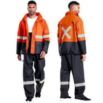 NAVIS MARINE Workwear Pro Combinaison de pluie pour homme – Veste imperméable et pantalon à bretelles pour une sécurité et un confort ultimes, orange fluo, Small