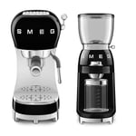 Smeg 50’s Style Retro Coffee Range Set, Espresso Coffee Machine with Steam Wand, Thermoblock Technology and Electric Coffee Grinder with Stainless Steel Grinders, Black, ECF02BLUK and CGF11BLUK