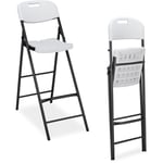 Tabouret de bar pliant, lot de 2, avec dossier, hlp : 118 x 44,5 x 82 cm, plastique & acier, blanc - Relaxdays