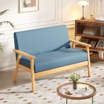 Canapé à 2 Places Scandinave en Tissu Lin,Banquette Fauteuil Salon Cadre en Bois,107 x 60 x 76cm,Bleu,pour Petit espace