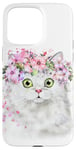 Coque pour iPhone 15 Pro Max Chat blanc avec couronne de fleurs roses et yeux verts design mignon