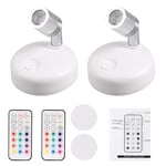 Justech 2PCs RGB LED Spotlights Wireless Ceiling Lights Battery Operated Ceiling Spotlight Adjustable Spotlight Head withRemote Control for Pictures Painting Closet