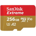 Muistikortti SanDisk Extreme microSDXC 256GB, yli 190MB/s & 130MB/s Luku-/kirjoitusnopeudet A2 C10 V30 UHS-I U3