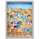 Summer At The Seaside With Colourful Beach Umbrellas On The Sand Watercolour Painting Artwork Framed Wall Art Print A4