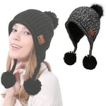 TZMY Bonnet Bluetooth Femme Hiver Pompom Noir Dames,Chapeau Tricoté Chaud De Musique sans Fil avec Écouteur USB Rechargeable Cadeau De Couvre-Chef Original Personnalisé Mix