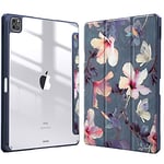 FINTIE Coque pour iPad Pro 12.9 Pouces 6ème/5ème/4ème/3ème Génération (2022/2021/2020/2018) - [Rangement de Pencil] Housse Arrière Transparente Claire Etui Antichoc, Fleur Hibiscus