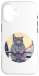 iPhone 16 Cute Grey Fit Muscle Cat Sitting on Gym Lifting Bench Case