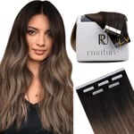 RUNATURE Extension Adhesive Cheveux Naturel Balayage Bande Adhesive Extension de Cheveux Humain Brun Foncé à Brun avec Blond Cendré Extension Cheveux Adhesif Ombre 22 Pouces/55cm 20 Pièces/50g #2/6/18