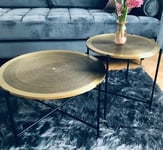 Round Industrial Coffee Side Table Nightstand Set Vintage Furniture Metal Legs