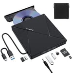 PeroBuno External CD DVD Drive, USB 3.0 Optical Disc Drive, 4 USB Ports and 2 TF/SD Card Slots, CD DVD Burner Writer Reader Player for Laptop Macbook iMac Desktop PC Windows 11/10/8/7/XP Linux Mac OS