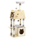 Arbre à chat Bois Gris 126cm Griffoir Maisonnette Hamac Balle Jeu Ludique Animal domestique - Fudajo