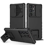 Coque Samsung Galaxy S24 Ultra, Protection de la Caméra Étui avec Lentille Coulissante Couverture, 360 Degres Full Body Armor et Antichoc Durable Protecteur Bumper Support stéréo Housse Étui-Noir