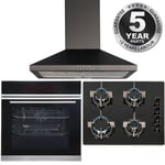 Black Touch Control Pyrolytic Single Fan Oven, 4 Burner Gas Hob & Chimney Hood