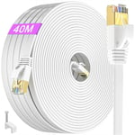 Cable Ethernet 40m Cat 7, Cable Rj45 Blindé 40 Mètres Exterieur Câble Réseau Plat Cable Lan Haut Débit Fibre 10Gbps 600MHz FTP Giagbit Long Câble Internet Blanc Fil Ethernet pour Routeur Modem.[G417]