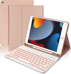 Clavier pour iPad 9eme Generation, Coque Clavier pour iPad 9eme/8eme/7eme Génération 2021/2020/2019 10.2"", AZERTY Clavier Rétroéclairé Détachable Bluetooth pour iPad 10.2""/10.5"", Rose