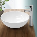 ECD Germany Vasque à Poser Lavabo Salle de Bain - Ø 400x147 mm - en Céramique - Rond - Blanc - Vasque Évier Lave-Main Toilette - Drain avec