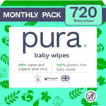 Pura Eco Friendly Baby Water Wipes 12 x 60 per pack, (720 Wet Wipes) 100% Plastic Free, 99% Water, Biodegradable, Compostable, Vegan Monthly Pack, Suitable for Sensitive & Eczema Prone Skin